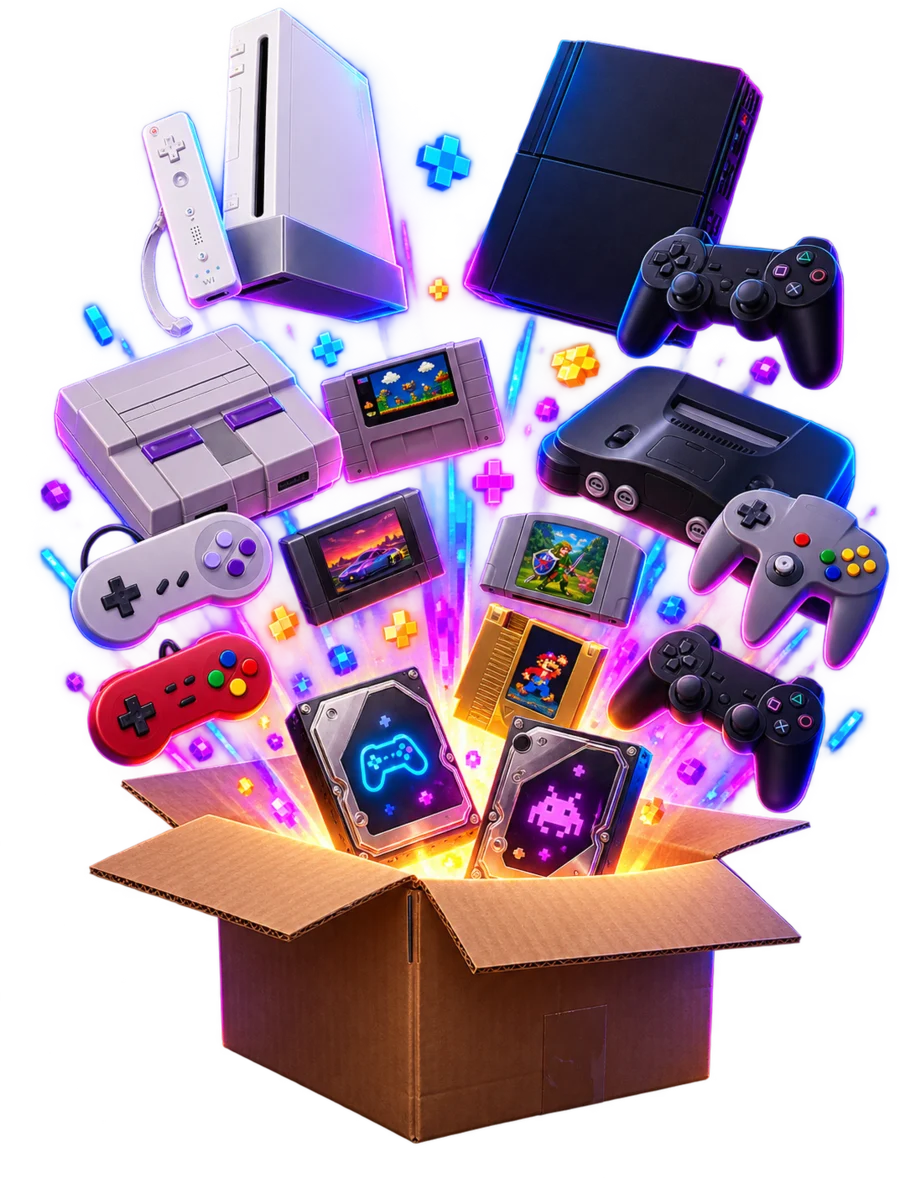 Caixa de entrega PlayNux com videogames retrô, controles, cartuchos e HDs preparados para Batocera